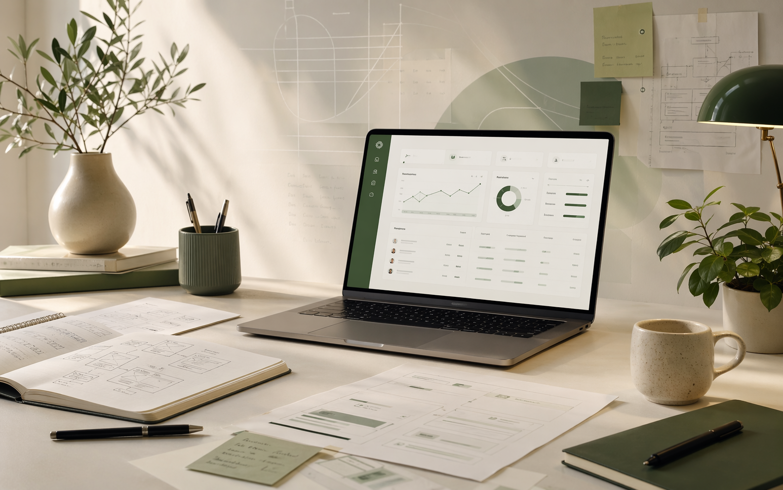 Product planning workspace with a dashboard, wireframes, and MVP delivery notes